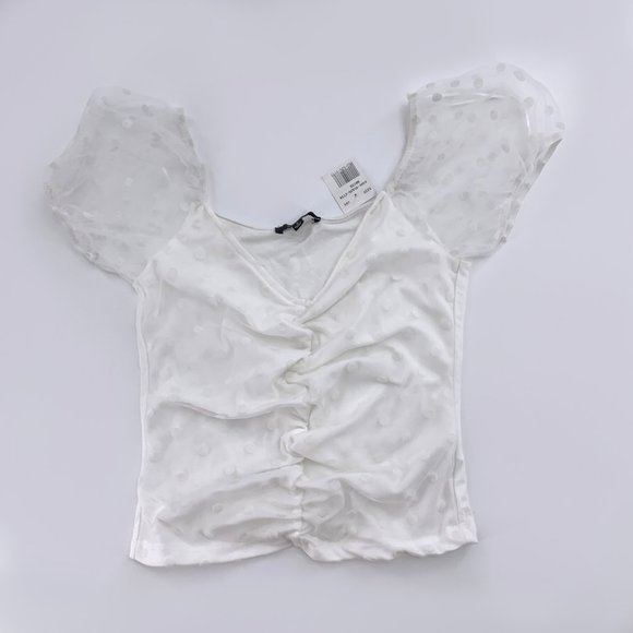 2 Brand New Tops Basic White Lace Shirt & Polka Dot Ruffle Ruched Ivory Top - Picture 7 of 14